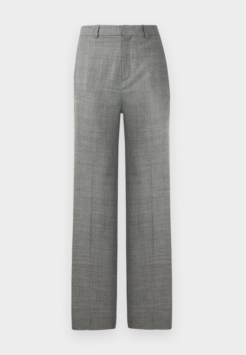 Pantaloni grigi a gamba larga su misura con passanti per cintura e piega frontale su sfondo bianco, adatti per abbigliamento formale o da ufficio.