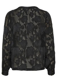 Blusa nera trasparente con ricami floreali, maniche lunghe con polsini abbottonati e scollo rotondo. La vista posteriore mostra motivi intricati.