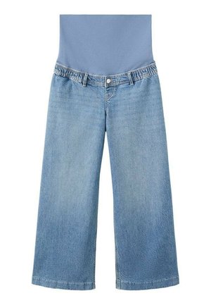 Vaqueros de pierna ancha de denim azul claro con cintura elástica, cierre con botón y corte recto. La tela tiene una textura suave.