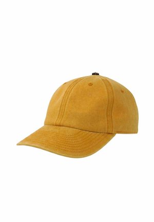 Senfgelbe Baumwoll-Baseballkappe mit gebogenem Schirm und genähten Paneeldetails auf weißem Hintergrund.