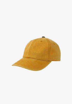 Senfgelbe Baumwoll-Baseballkappe mit gebogenem Schirm und genähten Paneeldetails auf weißem Hintergrund.