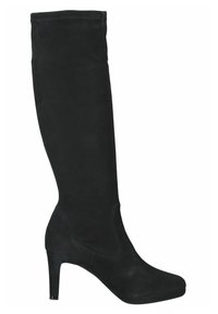 Bota negra de ante hasta la rodilla con una forma elegante, puntera afilada y un alto tacón de aguja. Sin hardware visible ni adornos.