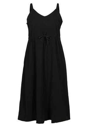 Schwarzes ärmelloses Midikleid mit verstellbaren Trägern, V-Ausschnitt und gebundener Kordel am Taillenbund.