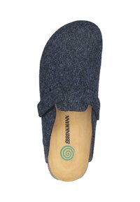 Dark gray felt slip-on clog with adjustable strap and tan insole featuring a green spiral logo and "BRINKMANN" text.
