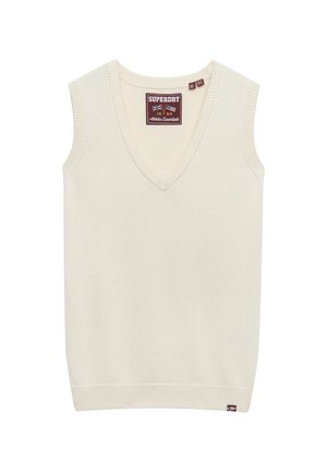 Maglione senza maniche color crema con scollo a V, bordi a coste e una piccola etichetta con il marchio sulla parte inferiore sinistra. Tessuto a maglia morbido.