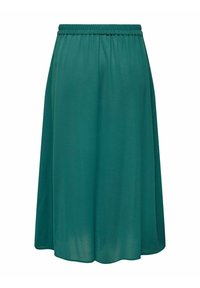 En teal, knälång kjol gjord av mjukt, lättviktigt tyg. Har en elastisk midja och en svängig, A-linjeform.