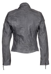 Giacca in pelle grigia con un design aderente, dettagli in spalle trapuntate, polsini con zip e cuciture dettagliate sul retro.