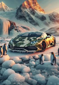 Voiture de sport Lamborghini camouflée au design élégant, détails glacés et jantes noires, entourée de manchots dans un paysage enneigé.