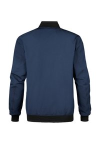 Navy Bomberjacke in einfarbig, mit geripptem schwarzen Kragen und Bündchen sowie einer glatten Textur. Verfügt über lange Ärmel und einen geraden Saum.