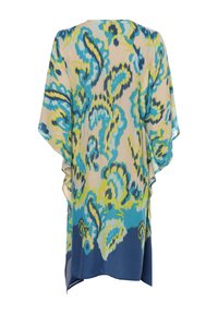 Tęczowy top w stylu kimono, wykonany z płynnego materiału z abstrakcyjnym wzorem kwiatowym w odcieniach niebieskiego, zielonego i żółtego, z jednolitą niebieską lamówką.