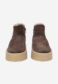 Bottines en daim marron avec un haut doublé en fourrure. Semelle épaisse en plateforme beige texturée. Fermeture éclair sur le côté pour un accès facile.