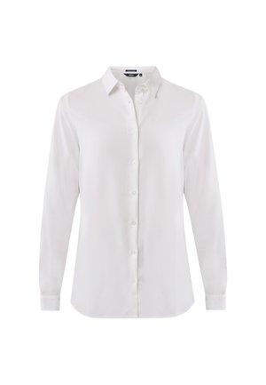 Witte overshirt met lange mouwen, knoopsluiting aan de voorkant, kraag, gladdiger stof en een slim fit. Beschikt over standaard knoopaccenten.