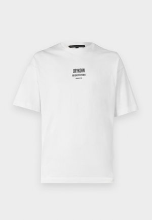 White cotton t-shirt with short sleeves, round neckline, and black printed text "DRYKORN FOR BEAUTIFUL PEOPLE" on the front.