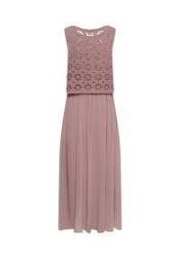 Robe mauve sans manches avec un corsage en crochet floral et une jupe plissée fluide, présentée sur un fond blanc.