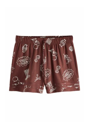 Barna zsinóros rövidnadrág fehér absztrakt mintákkal, beleértve leveleket, váza alakokat, spirálokat és geometriai formákat, egyszerű háttéren.