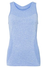 Ljusblå idrottstopp utan ärm med en texturerad överdel, mjukt tyg och en figurnära silhuett. Har en liten logotyp vid fållen.