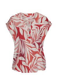 Blusa a maniche corte rossa e bianca con scollatura a V, caratterizzata da un motivo a foglia e tre bottoni sul davanti. Realizzata in tessuto leggero.