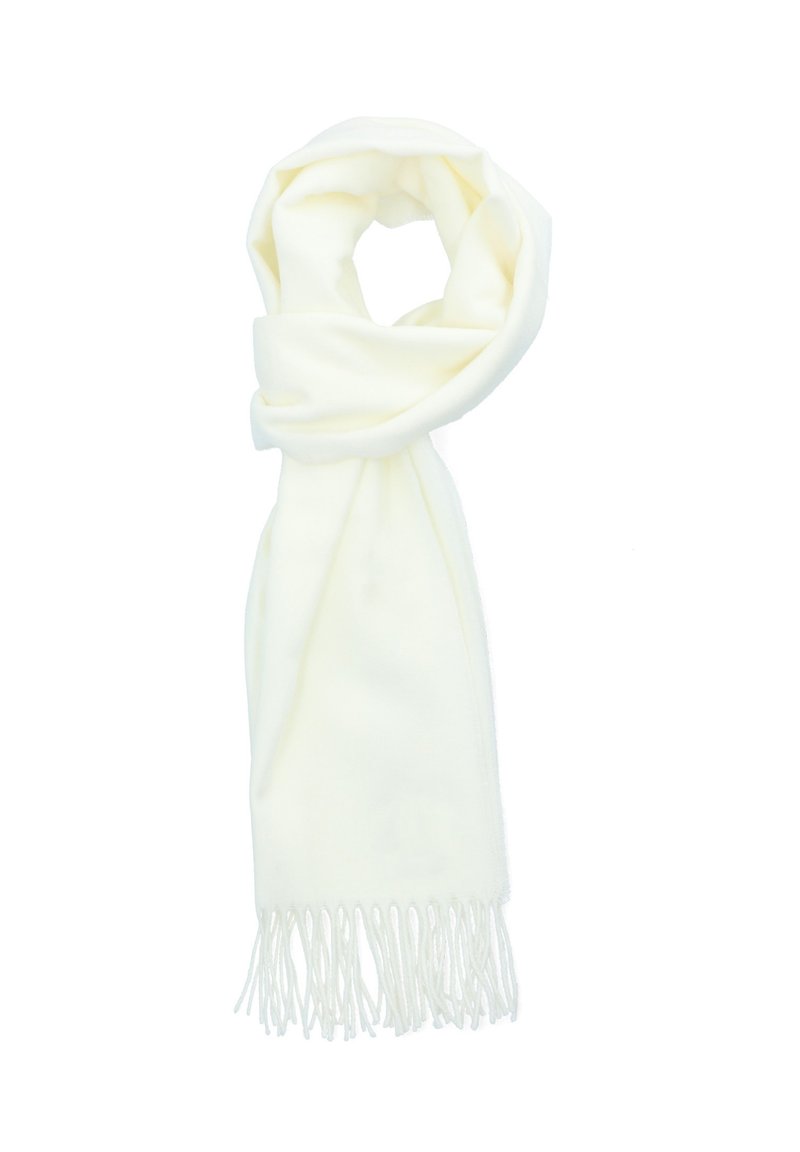 Biały szal wykonany z miękkiego materiału, charakteryzujący się gładką fakturą i frędzlami na brzegach. Szal jest owinięty w kształt pętli.