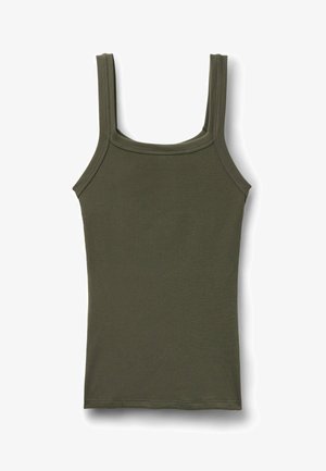 Débardeur côtelé sans manches de couleur vert olive avec des bretelles larges et un col carré, présenté à plat sur un fond blanc.