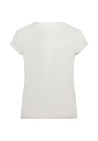 T-shirt blanc à manches courtes avec un col rond, en tissu coton lisse, et des ourlets roulés pour un ajustement décontracté. Vue arrière.