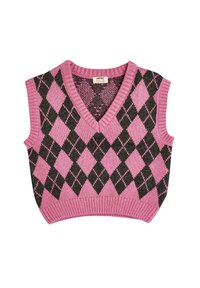 Ärmelloser V-Ausschnitt-Westen mit einem rosa und schwarzen Karomuster. Strickstoff mit geripptem Saum. Geeignet für die Freizeit.