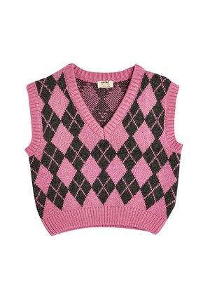 Sorte ærmeløs vest med V-udskæring og et pink og sort argyle mønster. Strikket stof med ribbet kant. Velegnet til afslappet brug.