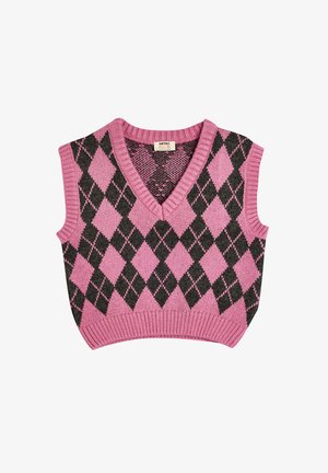 Ärmelloser V-Ausschnitt-Westen mit einem rosa und schwarzen Karomuster. Strickstoff mit geripptem Saum. Geeignet für die Freizeit.