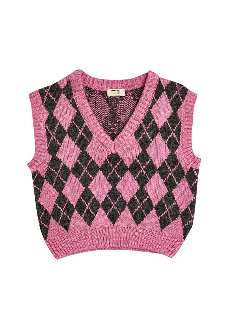 Ärmelloser V-Ausschnitt-Westen mit einem rosa und schwarzen Karomuster. Strickstoff mit geripptem Saum. Geeignet für die Freizeit.