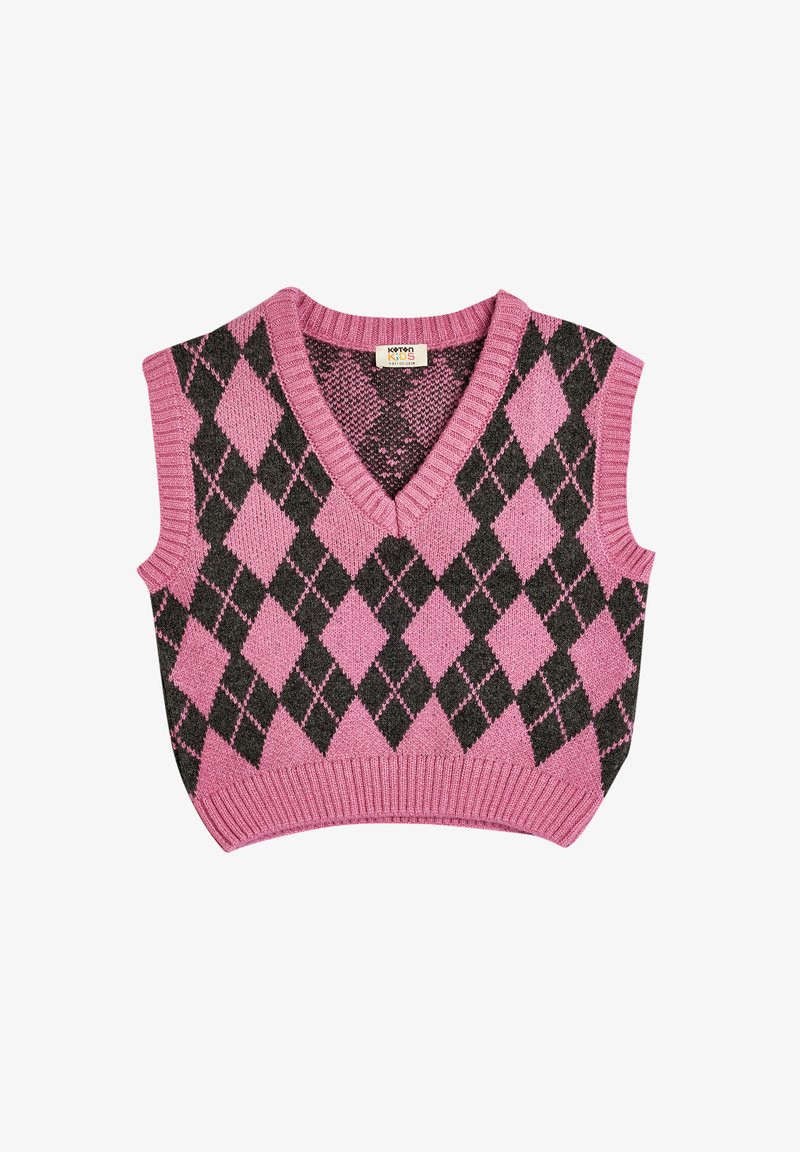 Débardeur sans manches en V, avec un motif argyle rose et noir. Tissu tricoté avec un ourlet côtelé. Convient pour une tenue décontractée.