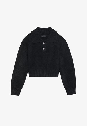 Melnas īsās svītrojumu džemperis ar plašu apkakli, trim dekoratīvām pogām un ribotiem malām un piedurknēm. Mīksta tekstūra un strukturēts dizains.