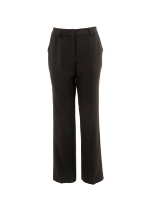 Pantalones negros de tela suave, con un diseño de pierna recta, dos bolsillos frontales y una cinturilla plana sin cierres visibles.