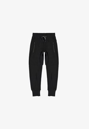 Schwarze Jogginghosen aus weichem Material verfügen über ein tailliertes Design, einen elastischen Bund mit Kordelzug und zwei seitliche Reißverschlusstaschen.