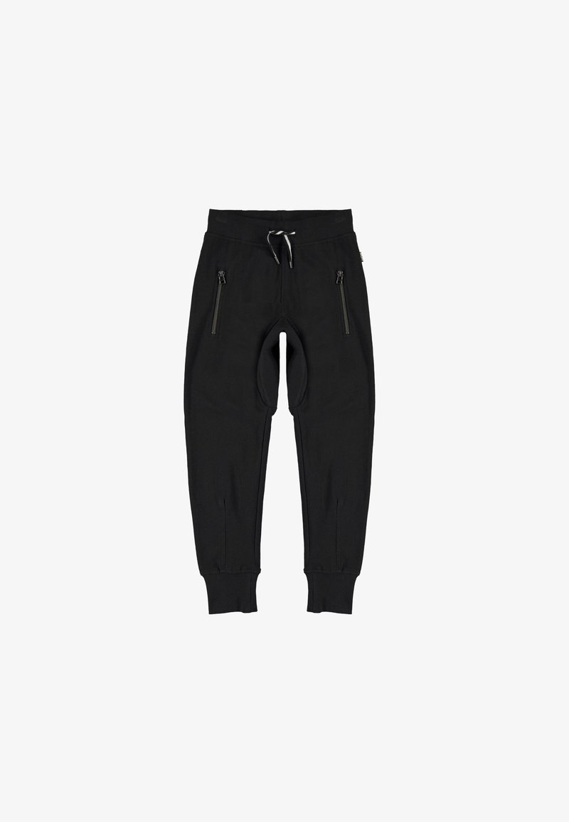 Calças de jogging pretas em tecido suave apresentam um design ajustado, cintura elástica com cordão e dois bolsos laterais com fecho de correr.
