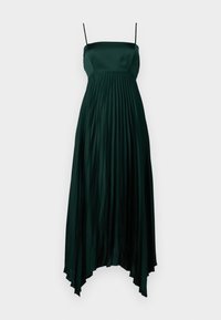 Mörkgrön satindress med tunna axelremmar, har en plisserad design och en asymmetrisk fåll. Slät, flödande textur genom hela plagget.