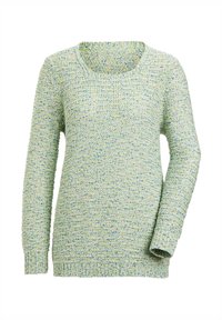 Hellgrüner Strickpullover mit einem strukturierten Muster, langen Ärmeln und rundem Halsausschnitt. Verfügt über einen gerippten Saum und Bündchen.