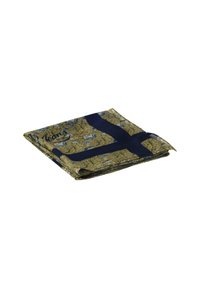 Gefalteter Stoff mit floralem Muster in Grün und Blau auf einem senfgelben Hintergrund, ausgestattet mit einem dunkelblauen Kreuzdesign und einem kleinen Etikett.