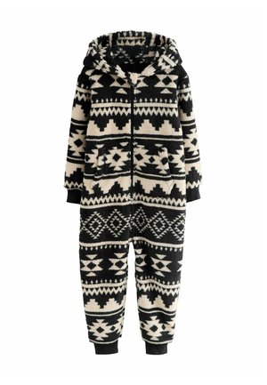 Black and cream patterned onesie featuring a hood, zip closure, two front pockets, and knit cuffs at the wrists and ankles. Soft texture.