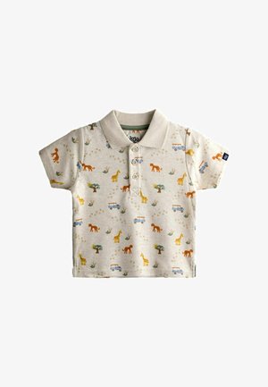 Vaikiški smėlinės spalvos polo marškinėliai trumpomis rankovėmis su sagutėmis, papuošti žirafų, liūtų, medžių, žolės ir mėlynų safario transporto priemonių piešiniais.