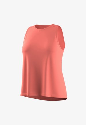 Canotta atletica color corallo senza maniche con scollo rotondo, tessuto liscio e leggero svasamento all'orlo.