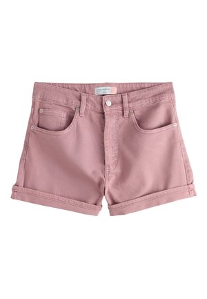 Pinkfarbene Jeansshorts mit aufgerollten Säumen, fünf Taschen, Gürtelschlaufen und einem vorderen Knopfverschluss.