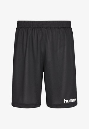 Sorte atletiske shorts med elastisk talje, lavet af åndbart stof, med et hvidt logo på venstre nederste side.