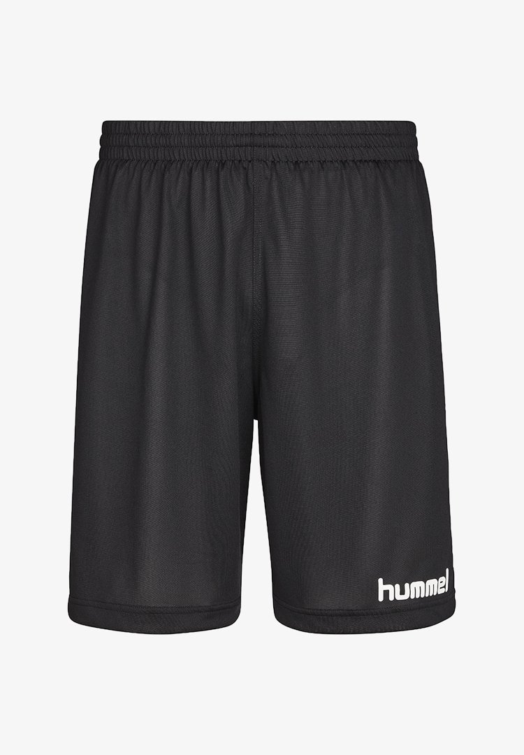 Schwarze sportliche Shorts mit elastischem Bund, aus atmungsaktivem Stoff gefertigt, mit einem weißen Logo auf der unteren linken Seite.