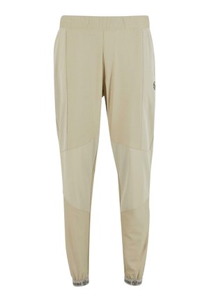 Beżowe spodnie z elastycznym pasem i zwężanymi nogawkami, wykonane z lekkiego materiału. Posiadają wzór w blokach kolorystycznych oraz logo z boku, ściągacze z prążkowanej tkaniny.