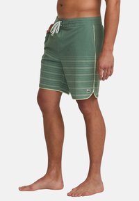 Zelené pruhované plážové šortky vyrobené z ľahkého materiálu, s elastickým pásom na šnúrku, bočnými vreckami a logom na dolnej časti nohavice.