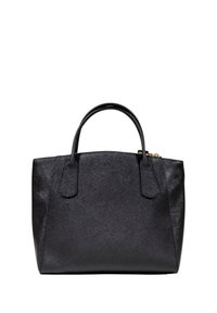 Borsa nera realizzata in materiale testurizzato con manici doppi e chiusura con zip dorata, caratterizzata da una forma strutturata e un design minimalista.