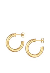 Goldene Creolen mit einem glatten, geschwungenen Design. Sie verfügen über einen stabilen Stecker und eine Rückseite sowie eine polierte, reflektierende Oberfläche.