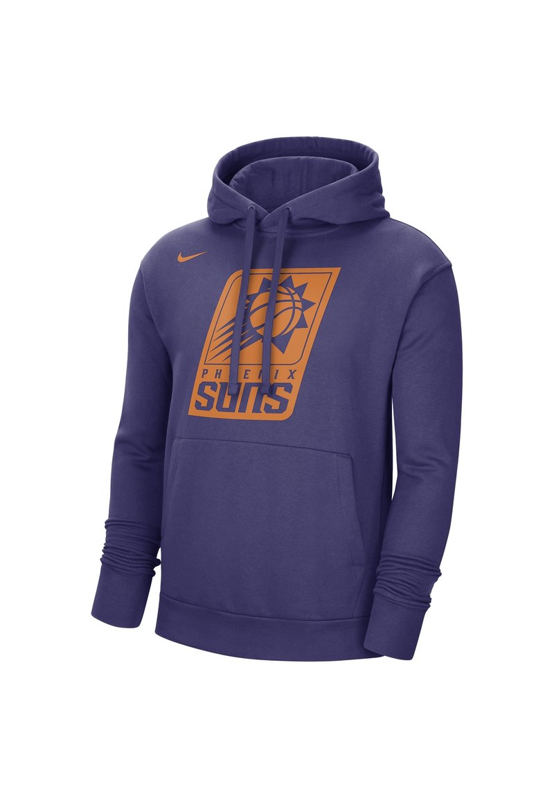 Purple Nike hoodie featuring a front kangaroo pocket, drawstring hood, and an orange Phoenix Suns logo in a square design.