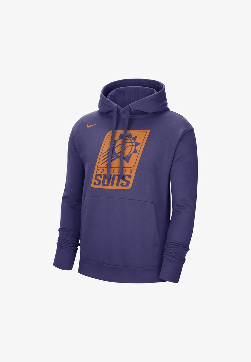 Purple Nike hoodie featuring a front kangaroo pocket, drawstring hood, and an orange Phoenix Suns logo in a square design.