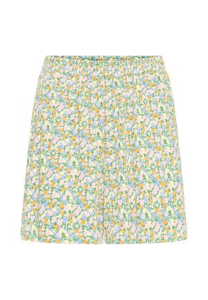 High-waist shorts with elastic waistband, featuring a pastel floral pattern in yellow, green, blue, and white on a light background.