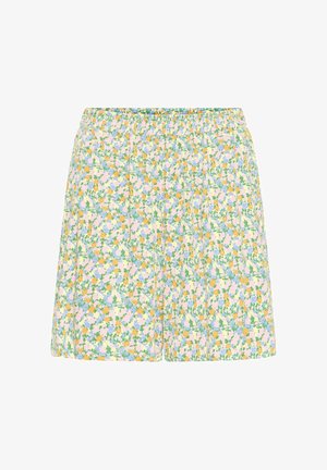 High-waist shorts with elastic waistband, featuring a pastel floral pattern in yellow, green, blue, and white on a light background.